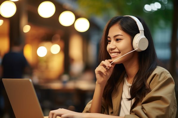 Smiling contact center agent speaking in to headset