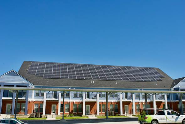 Solar panels on roof of building